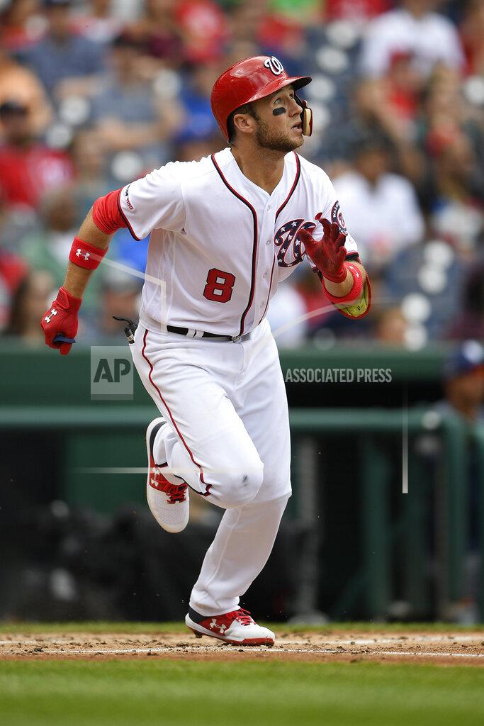 Nick Wass FILE - In this April 28, 2019, file photo, Washington Nationals' Carter Kieboom runs towards first during a baseball game against the San Diego Padres, in Washington. (AP Photo/Nick Wass, File)