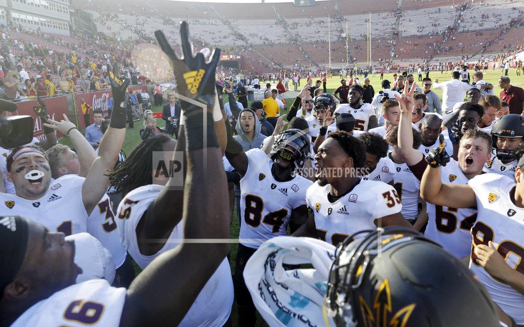 Marcio Jose Sanchez Arizona State players celebrate after a 38-35 win over Southern California during an NCAA college football game Saturday, Oct. 27, 2018, in Los Angeles. (AP Photo/Marcio Jose Sanchez)