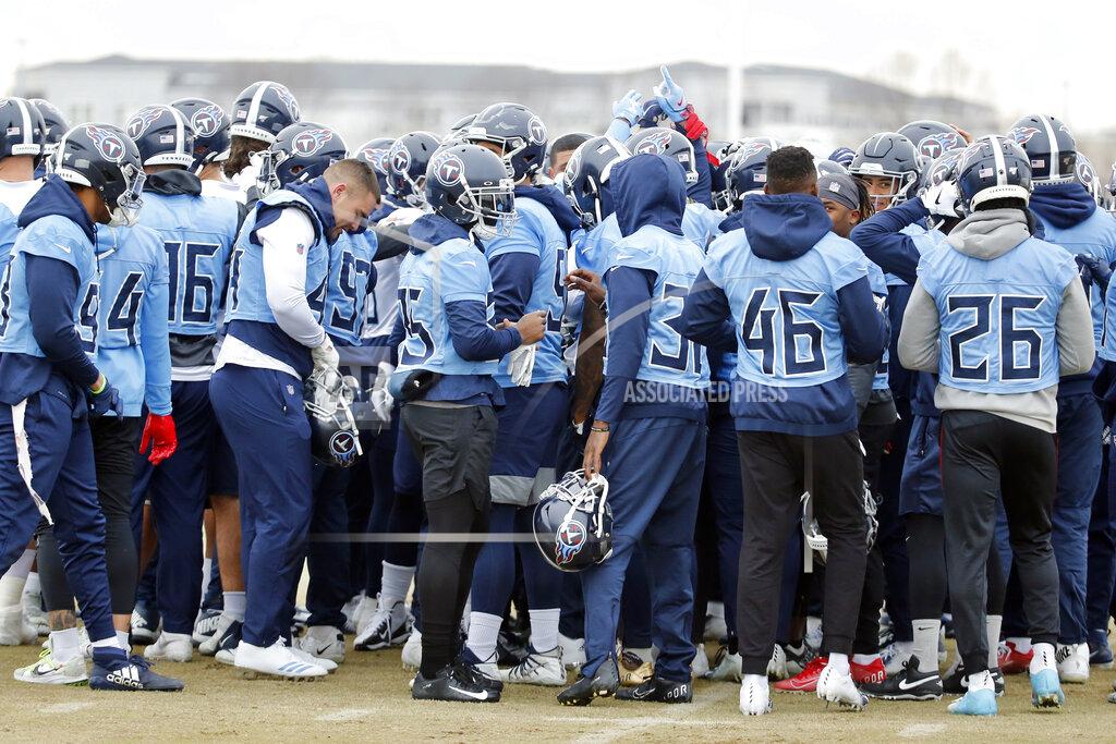 Mark Humphrey Tennessee Titans players gather during an NFL football practice Friday, Jan. 17, 2020, in Nashville, Tenn. The Titans are scheduled to face the Kansas City Chiefs in the AFC Championship game Sunday. (AP Photo/Mark Humphrey)