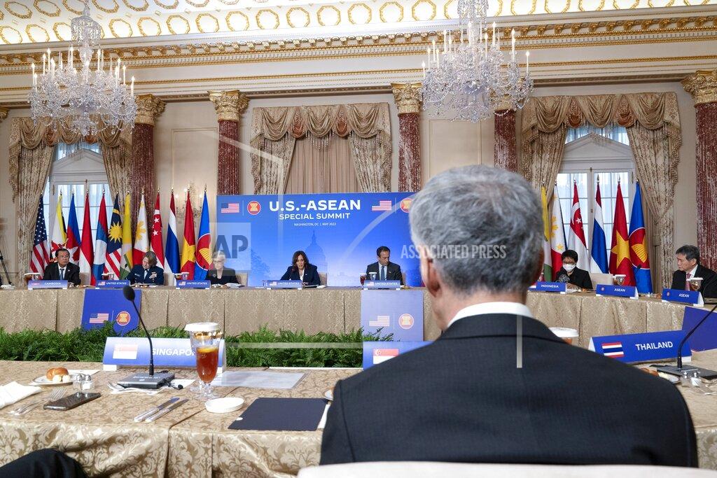 Jacquelyn Martin Vice President Kamala Harris, center, speaks while seated next to Deputy Secretary of State Wendy Sherman, center left, and Philip Gordon, National Security Advisor to the Vice President, center right, during the US-ASEAN Summit, Friday, May 13, 2022, at the State Department in Washington. (AP Photo/Jacquelyn Martin)