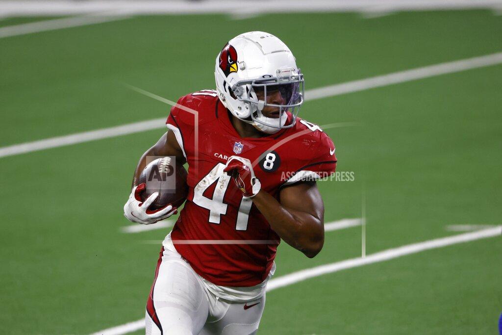 Ron Jenkins Arizona Cardinals running back Kenyan Drake (41) runs the ball against the Dallas Cowboys in the second half of an NFL football game in Arlington, Texas, Monday, Oct. 19, 2020. (AP Photo/Ron Jenkins)
