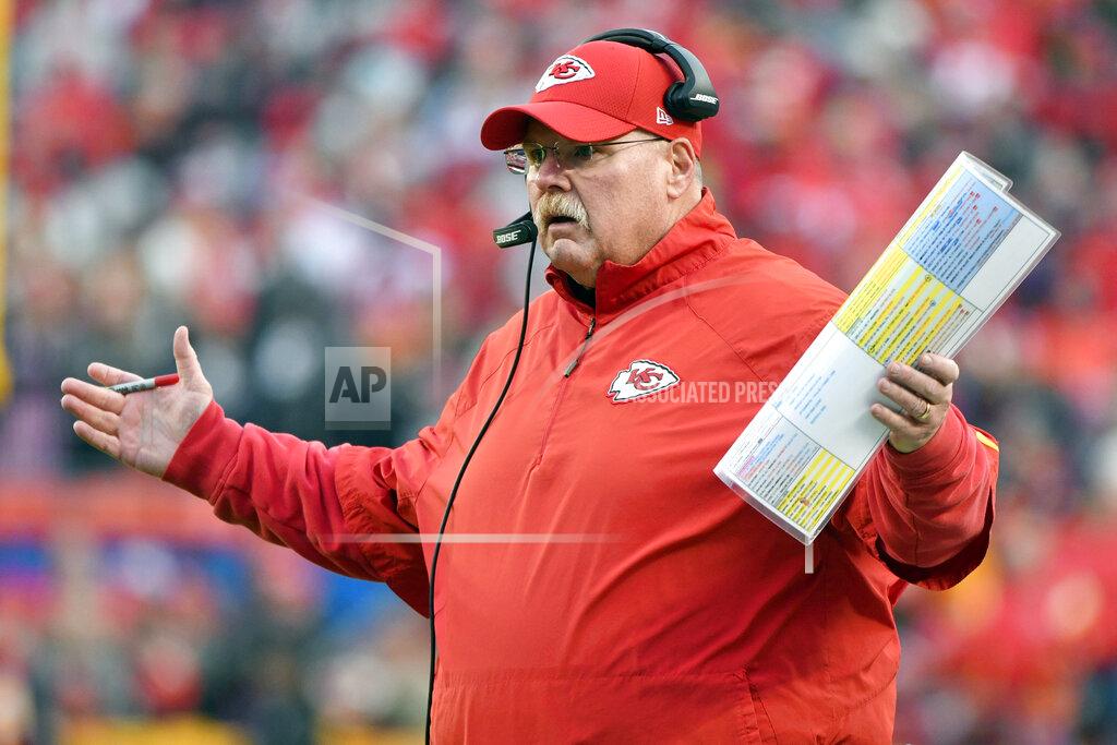 Ed Zurga FILE - In this Dec. 30, 2018, file photo, Kansas City Chiefs head coach Andy Reid gestures during the first half of an NFL football game against the Oakland Raiders, in Kansas City, Mo. The Indianapolis Colts play the Chiefs in a divisional playoff game on Saturday, Jan. 12, 2019. (AP Photo/Ed Zurga, File)