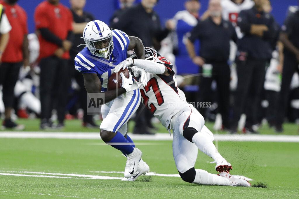 Darron Cummings Indianapolis Colts wide receiver Parris Campbell (15) breaks out of a tackle from Atlanta Falcons strong safety Damontae Kazee (27) during the first half of an NFL football game, Sunday, Sept. 22, 2019, in Indianapolis. (AP Photo/Darron Cummings)