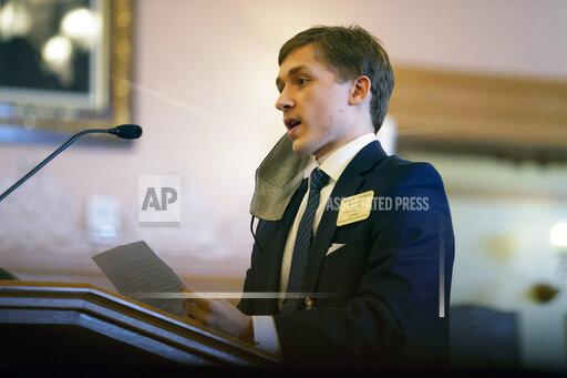 FILE - Rep. Aaron Coleman, D-Kansas City, speaks at the Kansas Statehouse in Topeka, Kan., Jan. 22, 2021. A 21-year-old embattled Kansas lawmaker was arrested over the weekend on suspicion of drunken driving — his second arrest in less than a month. A Kansas trooper arrested Aaron Coleman around 1 a.m., Saturday, Nov. 27, 2021, on Interstate 70 near Lawrence, the Kansas Highway Patrol said. Coleman was taken to the Douglas County Jail, where he bonded out hours later (Evert Nelson/The Topeka Capital-Journal via AP, File)