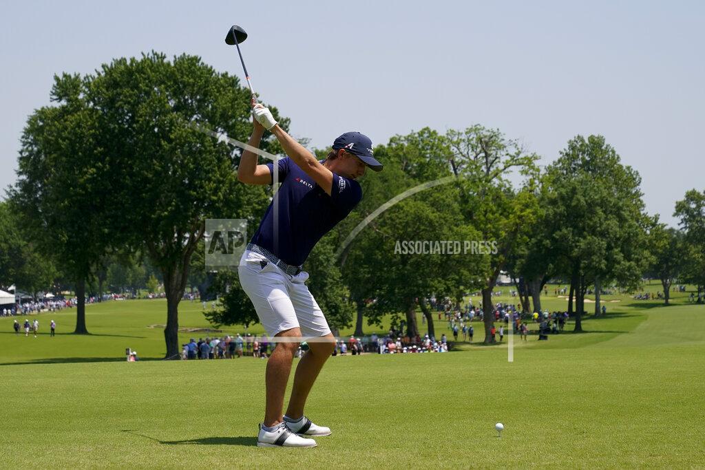Matt York Carlos Ortiz, of Mexico, hits his tee shot on the third hole during a practice round for the PGA Championship golf tournament, Wednesday, May 18, 2022, in Tulsa, Okla. (AP Photo/Matt York)