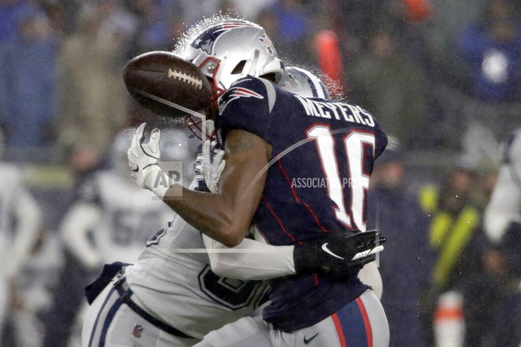 Elise Amendola Dallas Cowboys safety Jeff Heath, rear, breaks up a pass intended for New England Patriots wide receiver Jakobi Meyers in the second half of an NFL football game, Sunday, Nov. 24, 2019, in Foxborough, Mass. (AP Photo/Elise Amendola)