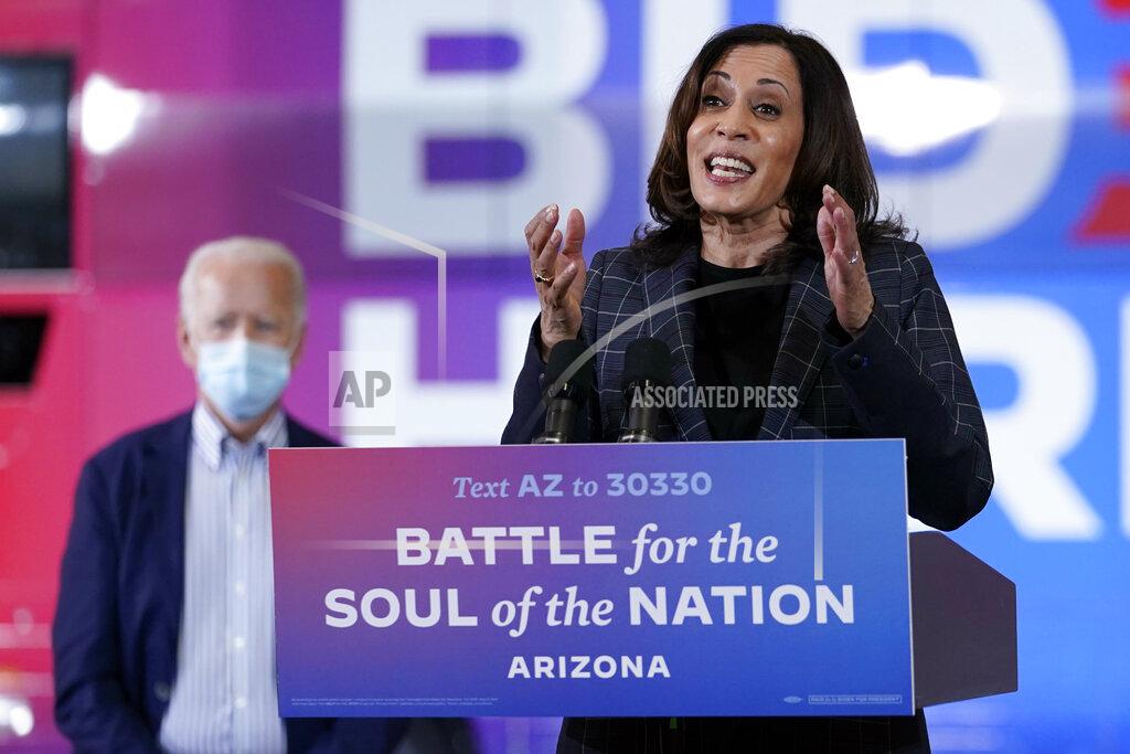 Carolyn Kaster Democratic vice presidential candidate Sen. Kamala Harris, D-Calif., speaks at Carpenters Local Union 1912 in Phoenix, Thursday, Oct. 8, 2020, to kick off a small business bus tour. (AP Photo/Carolyn Kaster)