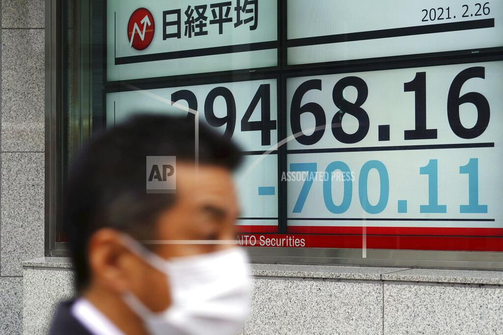 Eugene Hoshiko A man wearing a protective mask walks in front of an electronic stock board showing Japan's Nikkei 225 index at a securities firm Friday, Feb. 26, 2021, in Tokyo. Asian shares skidded Friday after rising bond yields triggered a broad sell-off on Wall Street that erased the markets gain for the week and handed the Nasdaq composite index its steepest loss since October. (AP Photo/Eugene Hoshiko)
