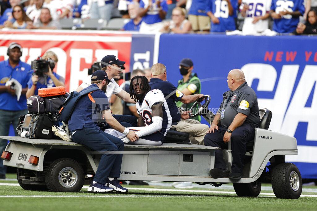 Adam Hunger FILE - In this Sept. 12, 2021, file photo, Denver Broncos wide receiver Jerry Jeudy (10) is carted off the field with an injury during the second half of an NFL football game against the New York Giants in East Rutherford, N.J. Jeudy will return to action Sunday, Oct. 31, for the first time since suffering a high right ankle sprain in the opener against the Giants. (AP Photo/Adam Hunger, File)
