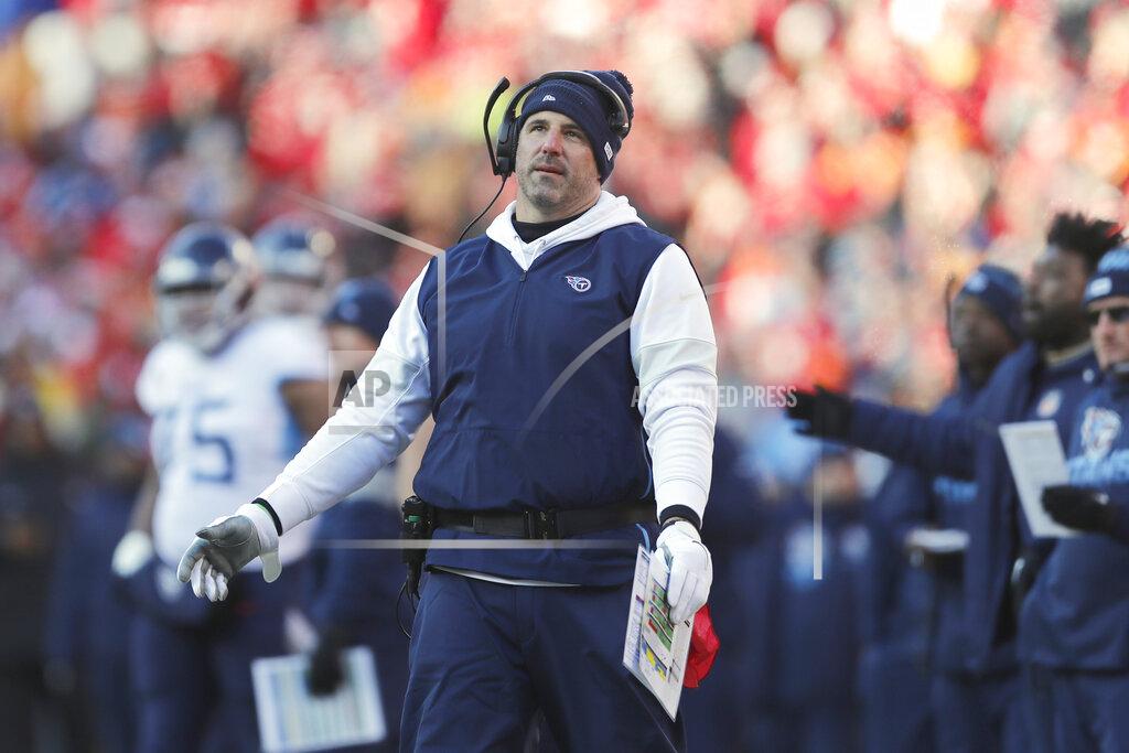 Jeff Roberson Tennessee Titans head coach Mike Vrabel reacts during the first half of the NFL AFC Championship football game against the Kansas City Chiefs Sunday, Jan. 19, 2020, in Kansas City, MO. (AP Photo/Jeff Roberson)
