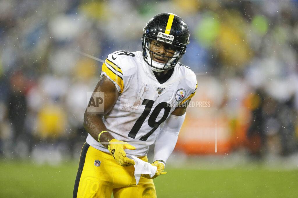 James Kenney Pittsburgh Steelers wide receiver JuJu Smith-Schuster lines up against the Tennessee Titans in the first half of a preseason NFL football game Sunday, Aug. 25, 2019, in Nashville, Tenn. (AP Photo/James Kenney)