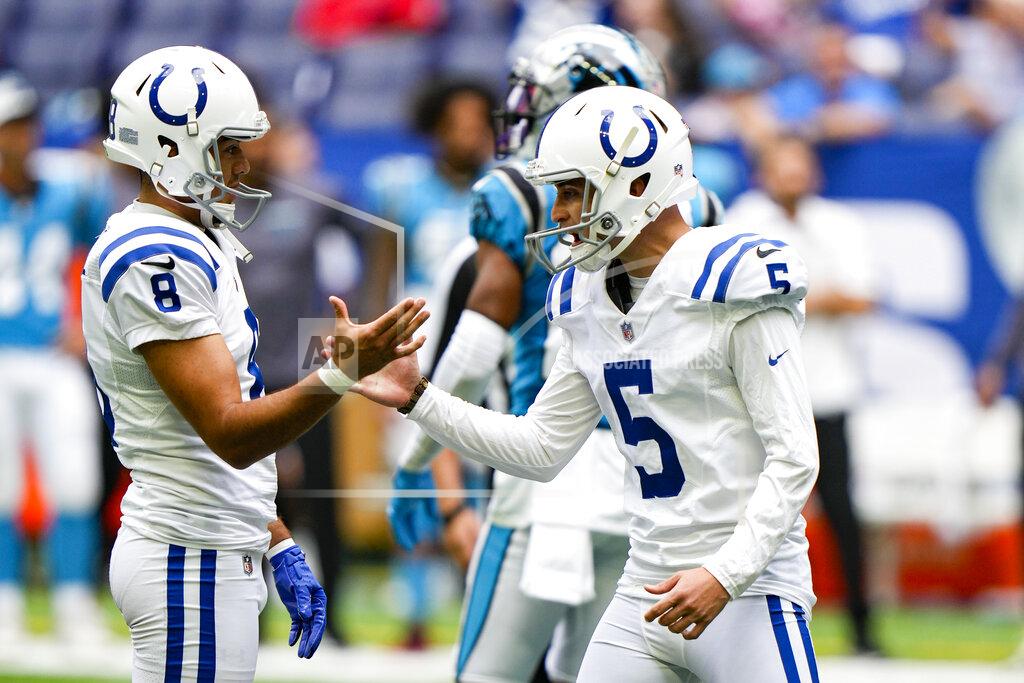 Aj Mast Indianapolis Colts kicker Eddy Pineiro (5) celebrates his winning field goal with holder Rigoberto Sanchez during the second half of an NFL football game against the Carolina Panthers in Indianapolis, Sunday, Aug. 15, 2021. (AP Photo/AJ Mast)