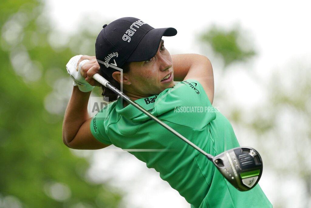 John Minchillo Carlota Ciganda tees off on the second hole during the third round of the LPGA Cognizant Founders Cup golf tournament, Saturday, May 14, 2022, at the Upper Montclair Country Club in Clifton, N.J. (AP Photo/John Minchillo)