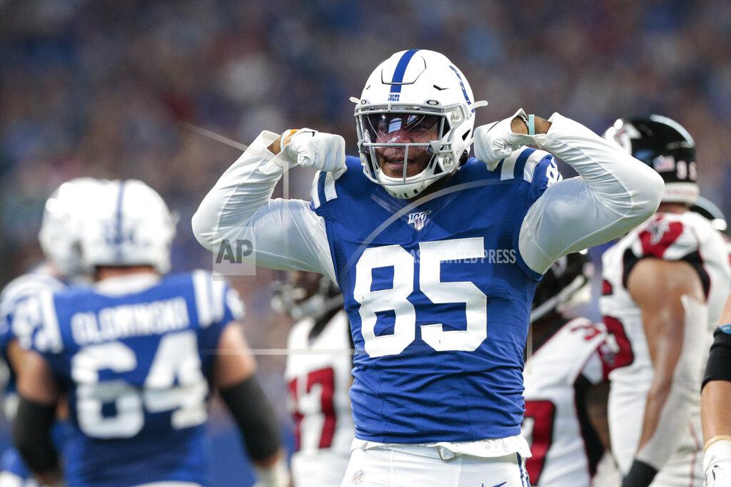 Aj Mast Indianapolis Colts tight end Eric Ebron (85) reacts after making a catch during the first half of an NFL football game against the Atlanta Falcons, Sunday, Sept. 22, 2019, in Indianapolis. (AP Photo/AJ Mast)