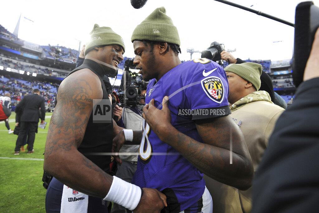 Gail Burton Houston Texans quarterback Deshaun Watson, left, talks with Baltimore Ravens quarterback Lamar Jackson after an NFL football game, Sunday, Nov. 17, 2019, in Baltimore. The Ravens won 41-7. (AP Photo/Gail Burton)