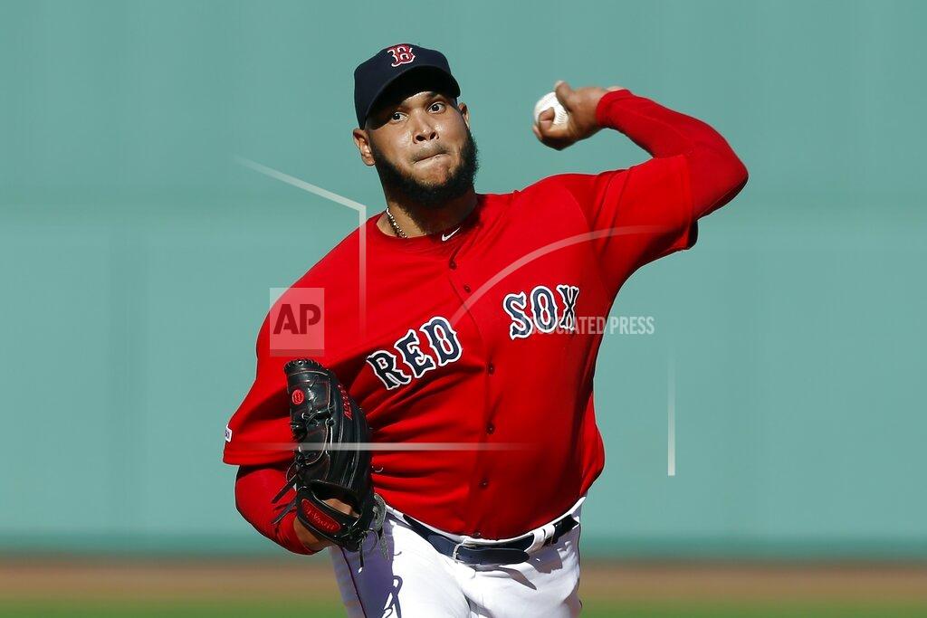 FILE - In this Sunday, Sept. 29, 2019 file photo, Boston Red Sox's Eduardo Rodriguez pitches during the first inning of a baseball game against the Baltimore Orioles in Boston. Boston pitcher Eduardo Rodríguez argued his case Wednesday, Feb. 12, 2020 asking for a raise to $8,975,000 rather than the $8.3 million offer of the Red Sox. A right-hander who turns 27 in April, Rodríguez was a career-best 19-6 with a 3.81 ERA in 34 starts last season, when he made $4,325,000. He is eligible for free agency after the 2021 season.(AP Photo/Michael Dwyer, File)