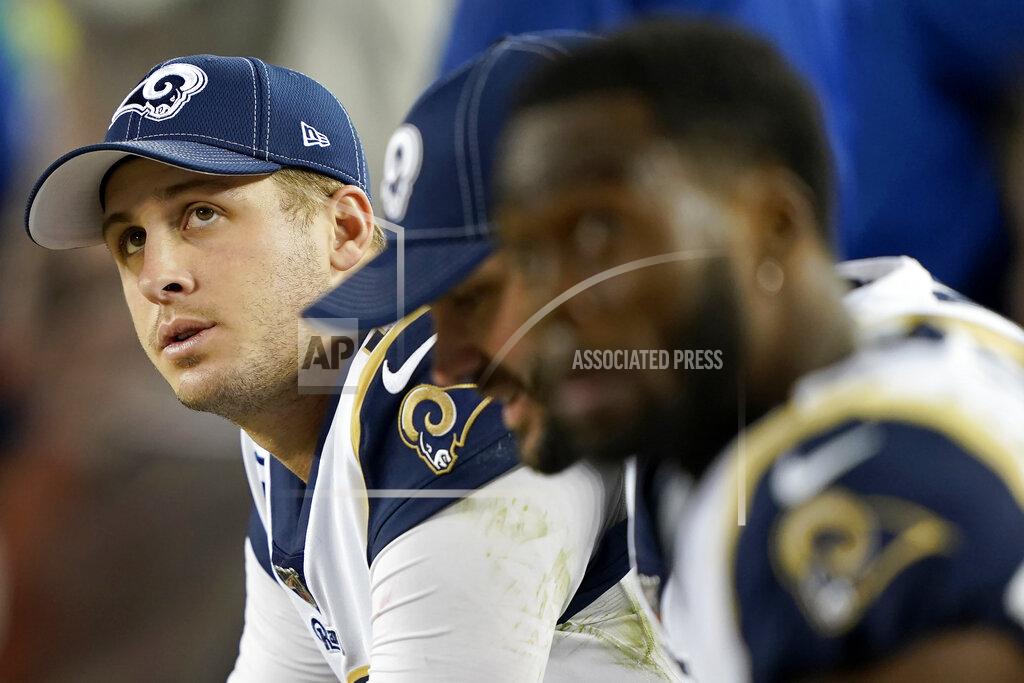 Tony Avelar Los Angeles Rams quarterback Jared Goff, left, sits on the bench with teammates during the second half of the team's NFL football game against the San Francisco 49ers in Santa Clara, Calif., Saturday, Dec. 21, 2019. (AP Photo/Tony Avelar)