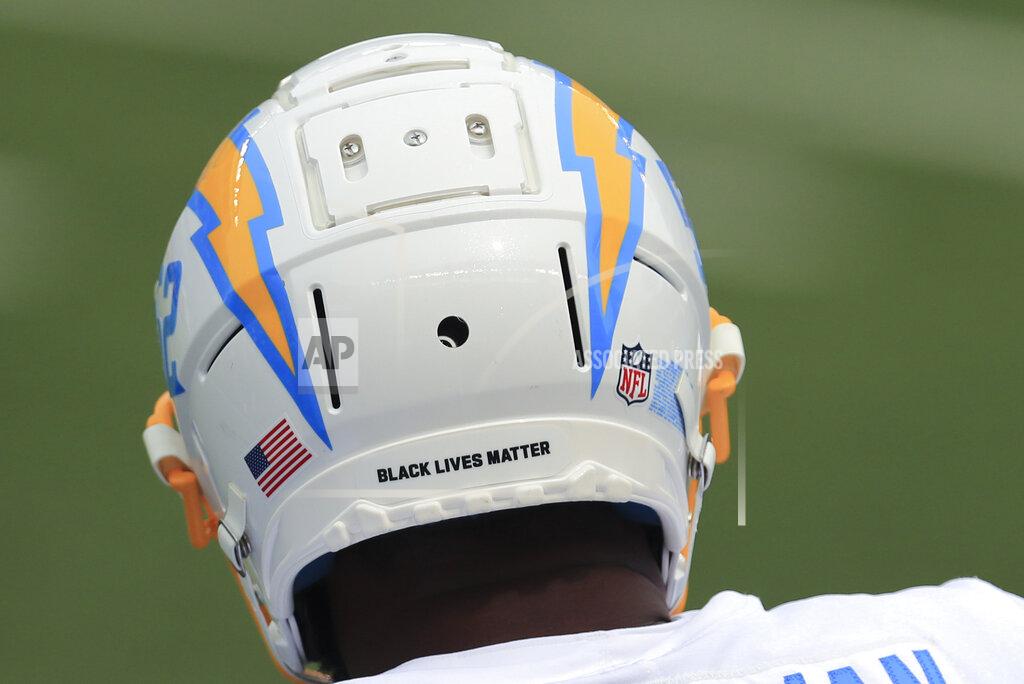Aaron Doster Los Angeles Chargers' Denzel Perryman has a Black Live Matter logo on the back of his helmet before an NFL football game between the Cincinnati Bengals and the Los Angeles Chargers, Sunday, Sept. 13, 2020, in Cincinnati. (AP Photo/Aaron Doster)