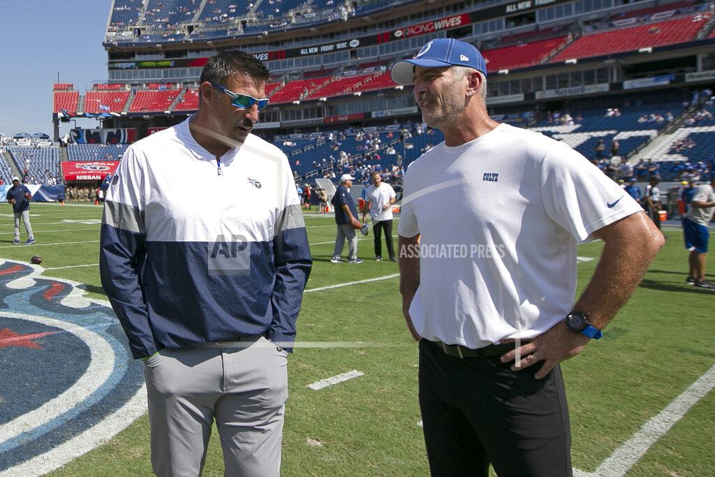 James Kenney Tennessee Titans head coach Mike Vrabel, left, talks with Indianapolis Colts head coach Frank Reich before an NFL football game Sunday, Sept. 15, 2019, in Nashville, Tenn. (AP Photo/James Kenney)