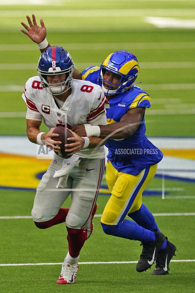 Ashley Landis New York Giants quarterback Daniel Jones is sacked by Los Angeles Rams linebacker Justin Hollins during the second half of an NFL football game Sunday, Oct. 4, 2020, in Inglewood, Calif. (AP Photo/Ashley Landis)