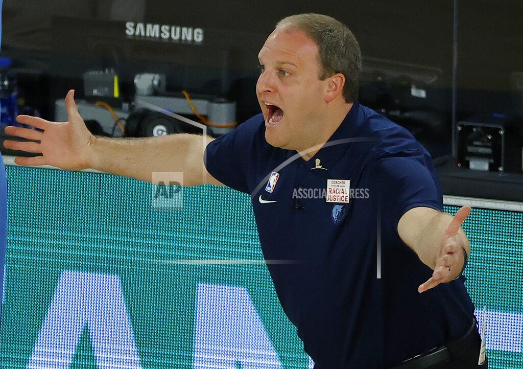Kevin C. Cox Memphis Grizzlies' Taylor Jenkins reacts to a call during the second half of an NBA basketball against the Portland Trail Blazers game Saturday, Aug. 15, 2020, in Lake Buena Vista, Fla. (Kevin C. Cox/Pool Photo via AP)