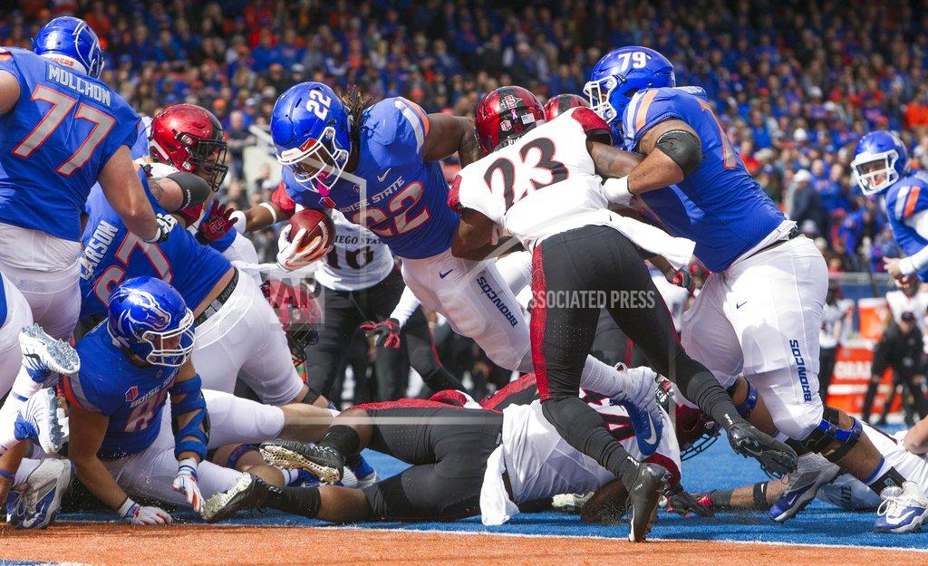 Darin Oswald Boise State running back Alexander Mattison (22) dives into the endzone for a touchdown during an NCAA college football game San Diego State, Saturday, Oct. 6, 2018 at Albertsons Stadium in Boise, Idaho. (Darin Oswald/Idaho Statesman via AP)