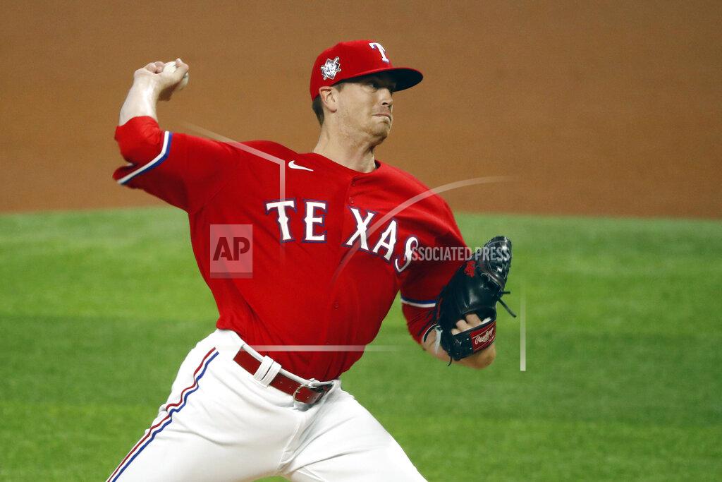Roger Steinman Texas Rangers starting pitcher Kyle Gibson throws during the first inning of a baseball game against the Los Angeles Dodgers in Arlington, Texas, Sunday, Aug. 30, 2020. (AP Photo/Roger Steinman)