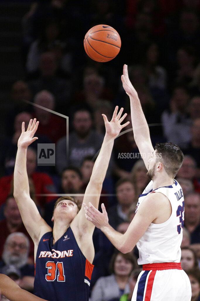 Young Kwak Gonzaga forward Killian Tillie, right, shoots over Pepperdine forward Jan Zidek during the first half of an NCAA college basketball game in Spokane, Wash., Saturday, Jan. 4, 2020. (AP Photo/Young Kwak)