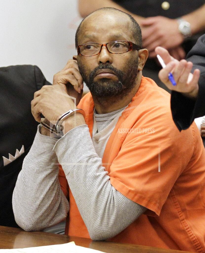 FILE - In this May 10, 2011 file photo, Anthony Sowell appears in court in Cleveland. Sowell, an Ohio man sentenced to death for killing 11 women and hiding their remains in and around his home has died in prison. The state Corrections Department says the 61-year-old convicted serial killer was receiving end-of-life care at Franklin Medical Center for a terminal illness when he died Monday, Feb. 8, 2021. (AP Photo/Amy Sancetta, File)