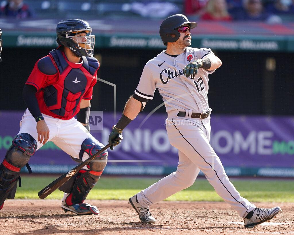 Tony Dejak Chicago White Sox's Adam Eaton, right, watches his two-run home run in the eighth inning of the first baseball game of a doubleheader against the Cleveland Indians, Monday, May 31, 2021, in Cleveland. Indians catcher Rene Rivera, left, also watches the hit. (AP Photo/Tony Dejak)