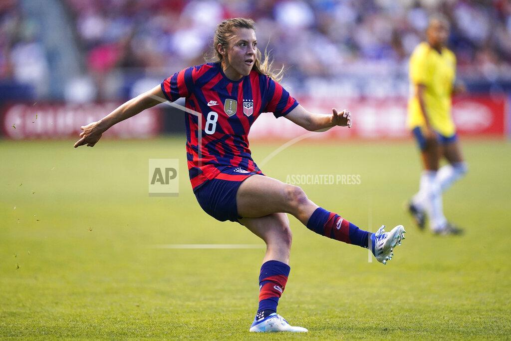 Rick Bowmer U.S. defender Sofia Huerta follows through on a shot against Colombia during the first half of an international friendly soccer match Tuesday, June 28, 2022, in Sandy, Utah. (AP Photo/Rick Bowmer)