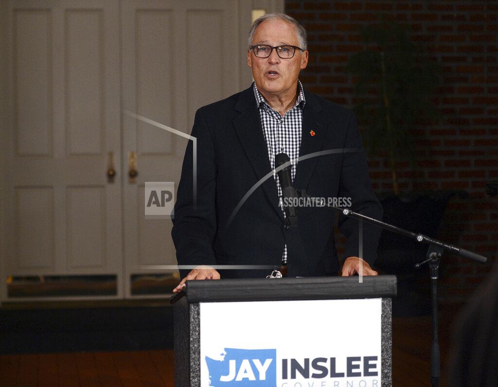 Steve Bloom Gov. Jay Inslee thanks the voters of Washington state after winning his third term, Tuesday, Nov. 3, 2020 in Olympia Wash. (Steve Bloom/The Olympian via AP)
