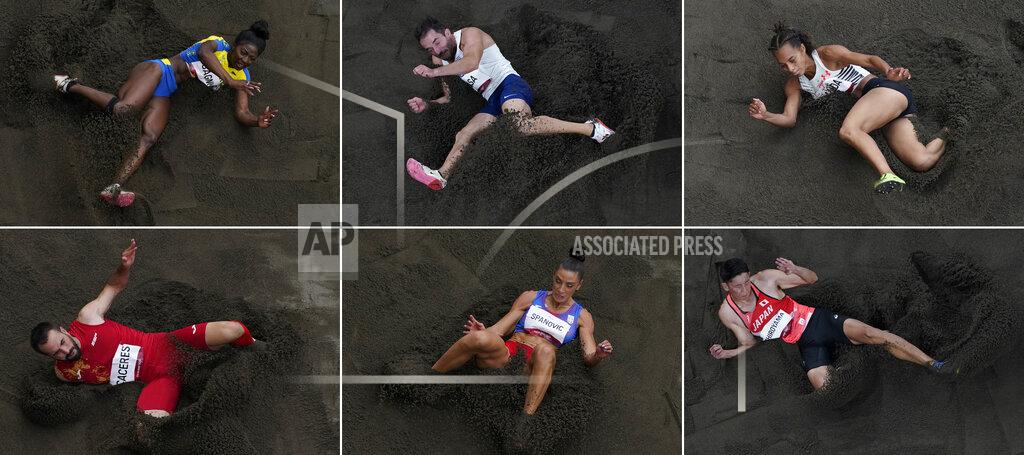 Morry Gash Jumpers, from top left, Khaddi Sagnia, of Sweden, Emiliano Lasa, of Uruguay, Nathalee Aranda, of Panama, Eusebio Caceres, of Spain, Ivana Spanovic, of Serbia, Shoutarou Shiroyama, of Japan, compete at the 2020 Summer Olympics in Tokyo. (AP Photos/Morry Gash)