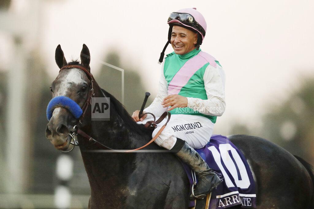 Jae C. Hong FILE - In this Nov. 5, 2016, file photo, jockey Mike Smith celebrates after riding Arrogate to victory in the Breeders' Cup Classic horse race at Santa Anita Park in Arcadia, Calif. Arrogate, North America's all-time money earner, has died. He was seven. Juddmonte Farms in Lexington, Ky., said Arrogate was euthanized on Tuesday, June 2, 2020, after becoming ill. (AP Photo/Jae C. Hong, File)