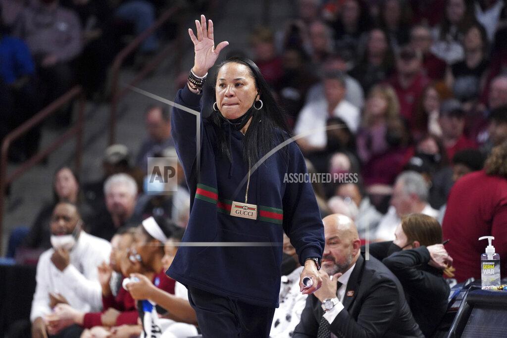 Sean Rayford South Carolina head coach Dawn Staley communicates with players during the first half of a second-round game against Miami in the NCAA college basketball tournament, Sunday, March 20, 2022, in Columbia, S.C. South Carolina won 49-33. (AP Photo/Sean Rayford)