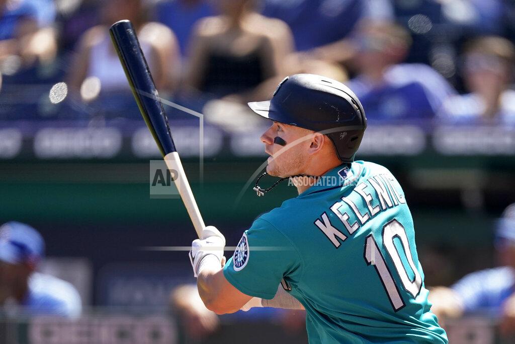 Charlie Riedel Seattle Mariners' Jarred Kelenic hits a two-run double during the first inning of a baseball game against the Kansas City Royals Sunday, Sept. 19, 2021, in Kansas City, Mo. (AP Photo/Charlie Riedel)