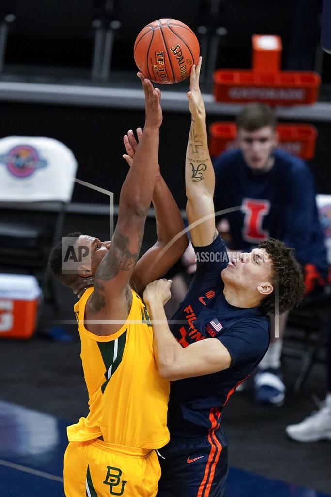 Darron Cummings Baylor's Mark Vital, left, has his shot blocked by Illinois' Coleman Hawkins during the first half of an NCAA college basketball game, Wednesday, Dec. 2, 2020, in Indianapolis. (AP Photo/Darron Cummings)