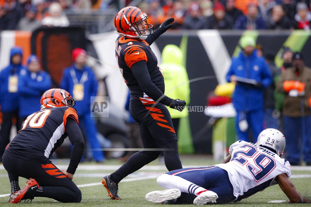 Gary Landers Cincinnati Bengals kicker Randy Bullock (4) watches his field goal in the first half of an NFL football game against the New England Patriots, Sunday, Dec. 15, 2019, in Cincinnati. (AP Photo/Gary Landers)