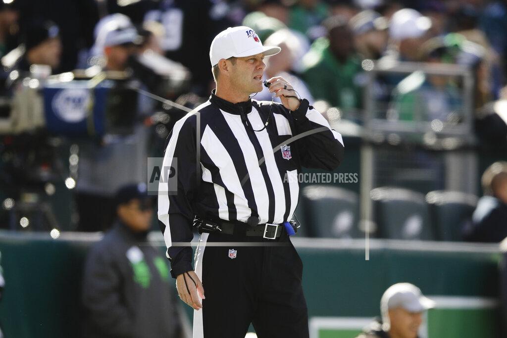 Matt Rourke FILE - In this Nov. 3, 2019, file photo, referee Craig Wrolstad (4) works an NFL football game between the Philadelphia Eagles and the Chicago Bears, in Philadelphia. It's been a tough road for Mike Tomlin's Steelers and Joe Judge's Giants heading into a nationally televised Monday night game, Sept. 14. The path has been no easier for NFL officials. (AP Photo/Matt Rourke, File)
