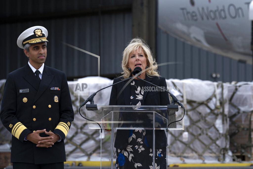 Jose Luis Magana First lady Jill Biden speaks after a Fedex cargo plane arrived with 100,000 pounds of baby formula at Washington Dulles International Airport, in Chantilly, Va., on Wednesday, May 25, 2022. (AP Photo/Jose Luis Magana)