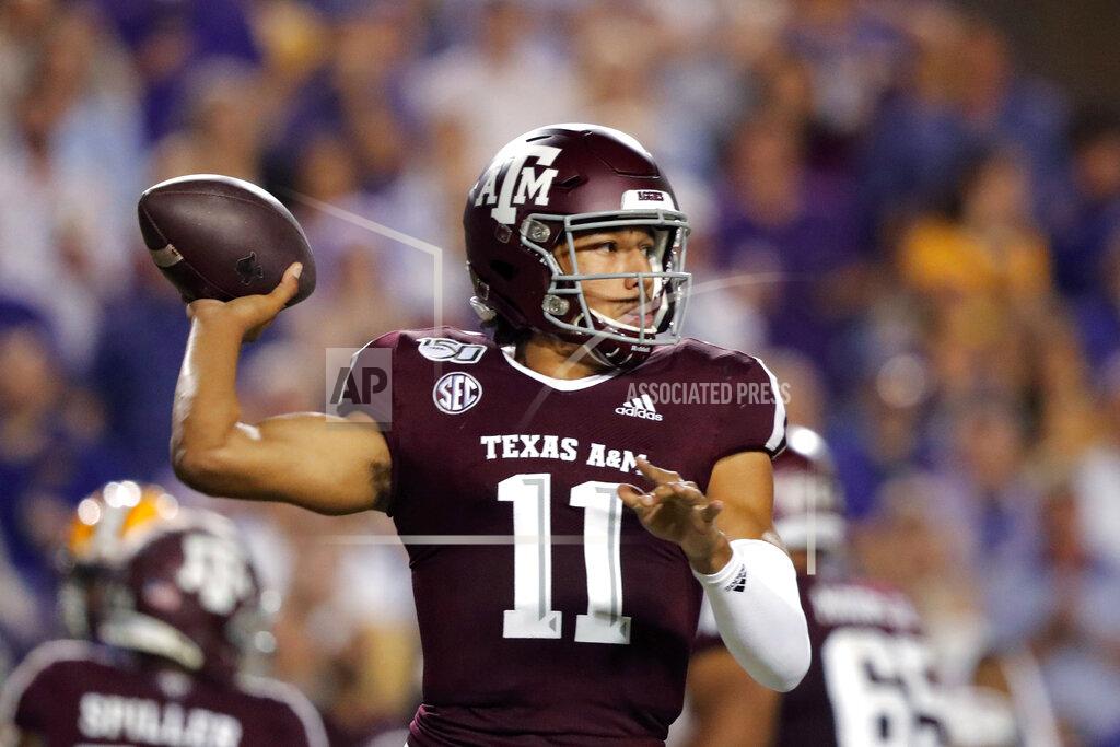 Gerald Herbert Texas A&M quarterback Kellen Mond (11) throws a pass during the first half of the team's NCAA college football game against LSU in Baton Rouge, La., Saturday, Nov. 30, 2019. (AP Photo/Gerald Herbert)