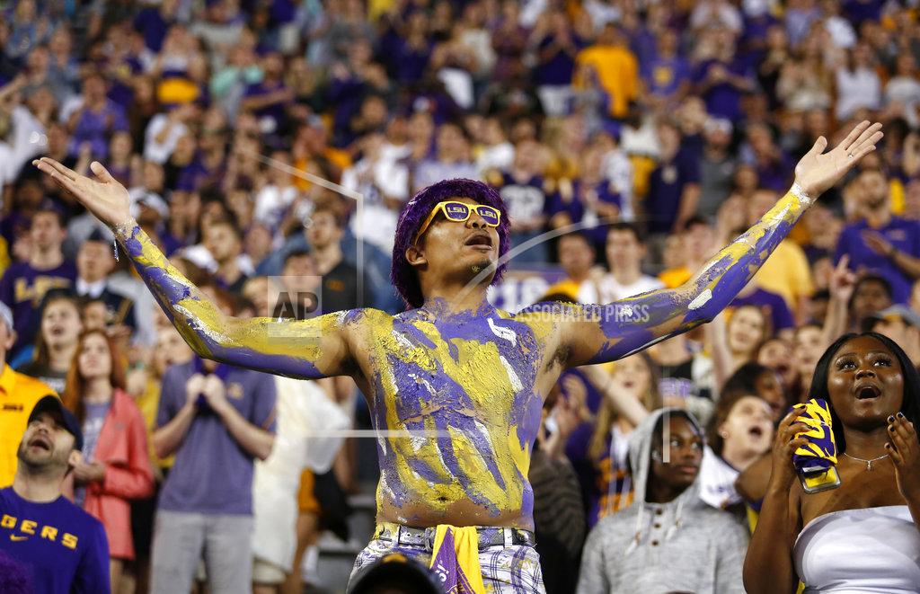 Tyler Kaufman A fan cheers from the crowd during an NCAA college football game between LSU and Mississippi State in Baton Rouge, La., Saturday, Oct. 20, 2018. LSU won 19-3. (AP Photo/Tyler Kaufman)