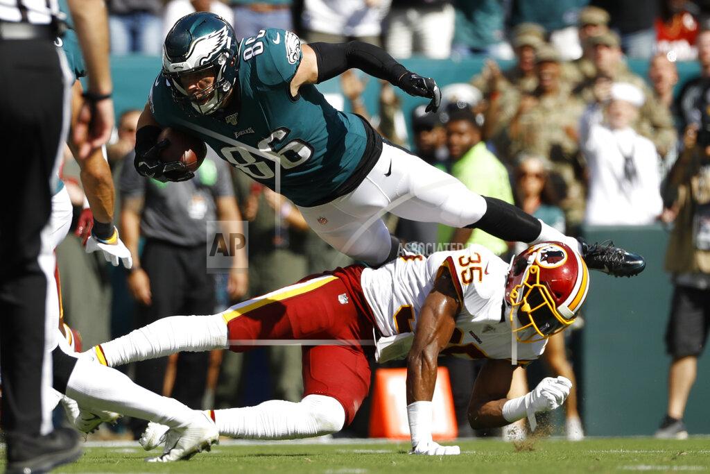 Michael Perez Philadelphia Eagles' Zach Ertz is sent flying after a tackle by Washington Redskins' Montae Nicholson during the second half of an NFL football game, Sunday, Sept. 8, 2019, in Philadelphia. (AP Photo/Michael Perez)