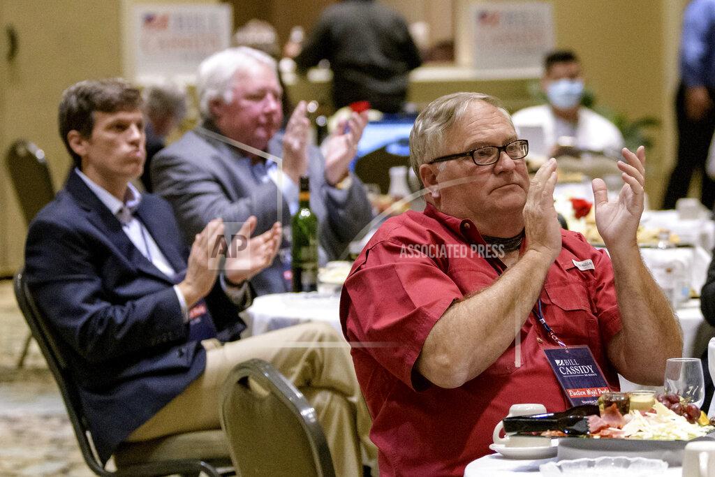 Matthew Hinton People clap as Sen. Bill Cassidy, R-La., addresses supporters at his election watch party on Election Night in Baton Rouge, La., Tuesday, Nov. 3, 2020. (AP Photo/Matthew Hinton)