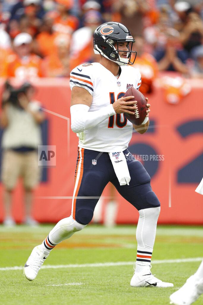 Margaret Bowles Chicago Bears quarterback Mitchell Trubisky (10) looks downfield for a receiver in an NFL game against the Denver Broncos, Sunday Sept. 15, 2019, in Denver. The Bears defeated the Broncos 16-14. (Margaret Bowles via AP)