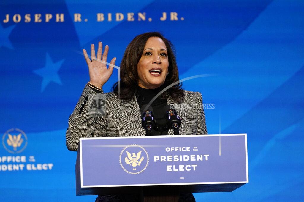 Matt Slocum Vice President-elect Kamala Harris speaks during an event at The Queen theater, Saturday, Jan. 16, 2021, in Wilmington, Del. (AP Photo/Matt Slocum)
