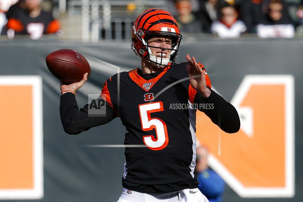 Frank Victores Cincinnati Bengals quarterback Ryan Finley passes during the first half an NFL football game against the Pittsburgh Steelers, Sunday, Nov. 24, 2019, in Cincinnati. (AP Photo/Frank Victores)