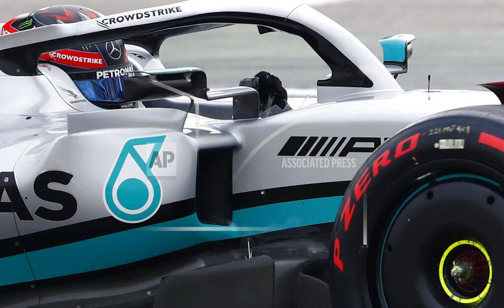 Joan Monfort Mercedes driver George Russell of Britain steers his car during a Formula One pre-season testing session at the Catalunya racetrack in Montmelo, just outside of Barcelona, Spain, Friday, Feb. 25, 2022. (AP Photo/Joan Monfort)