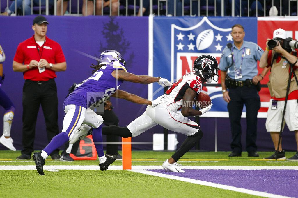 Bruce Kluckhohn Atlanta Falcons wide receiver Calvin Ridley catches a 20-yard touchdown pass ahead of Minnesota Vikings cornerback Trae Waynes, left, during the second half of an NFL football game, Sunday, Sept. 8, 2019, in Minneapolis. (AP Photo/Bruce Kluckhohn)