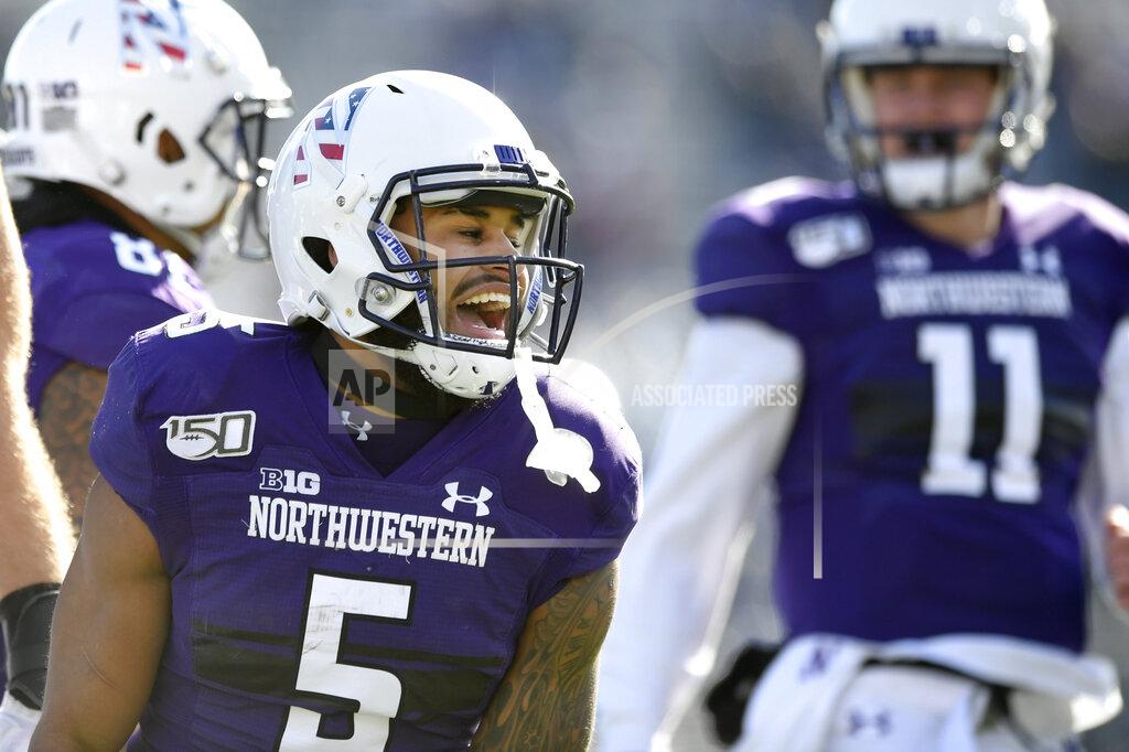 Paul Beaty Northwestern wide receiver Jace James (5) celebrates after catching a touchdown pass during the first half of an NCAA college football game against Purdue, Saturday, Nov. 9, 2019, in Evanston, Ill. (AP Photo/Paul Beaty)